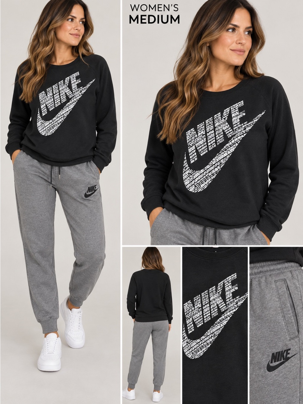 Nike Women's Medium Black Crew Sweatshirt with gray joggers outfit
